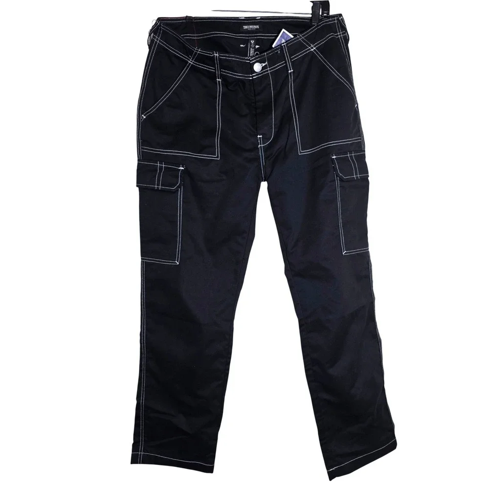 NWT True Religion Bobby Baggy Cargo Pants Mens 34 Black Contrast Stitch 700248